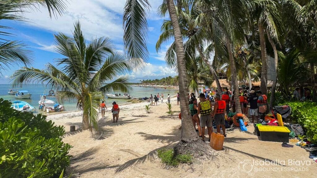 A tropical beach scene with palm trees, people in life vests, boats on the water, and a vibrant, sunny atmosphere.