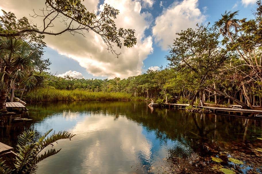 cenote corazon tulum - a girl sitting on a platform by the edge. 