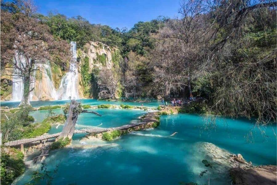 waterfalls and blue lake