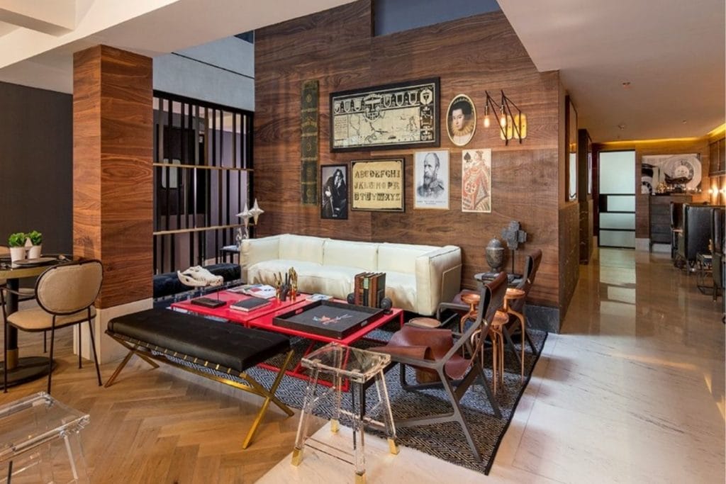 hotel lobby with sofa and pictures