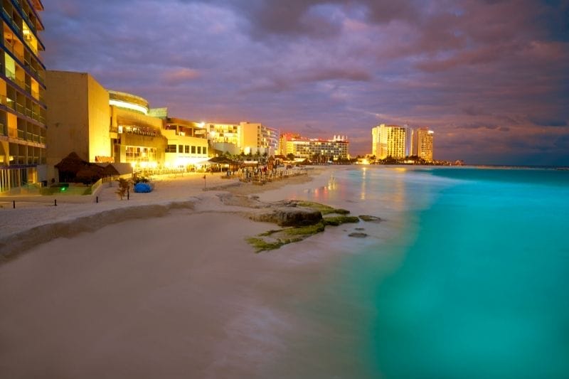 Cancun beach hotel by night