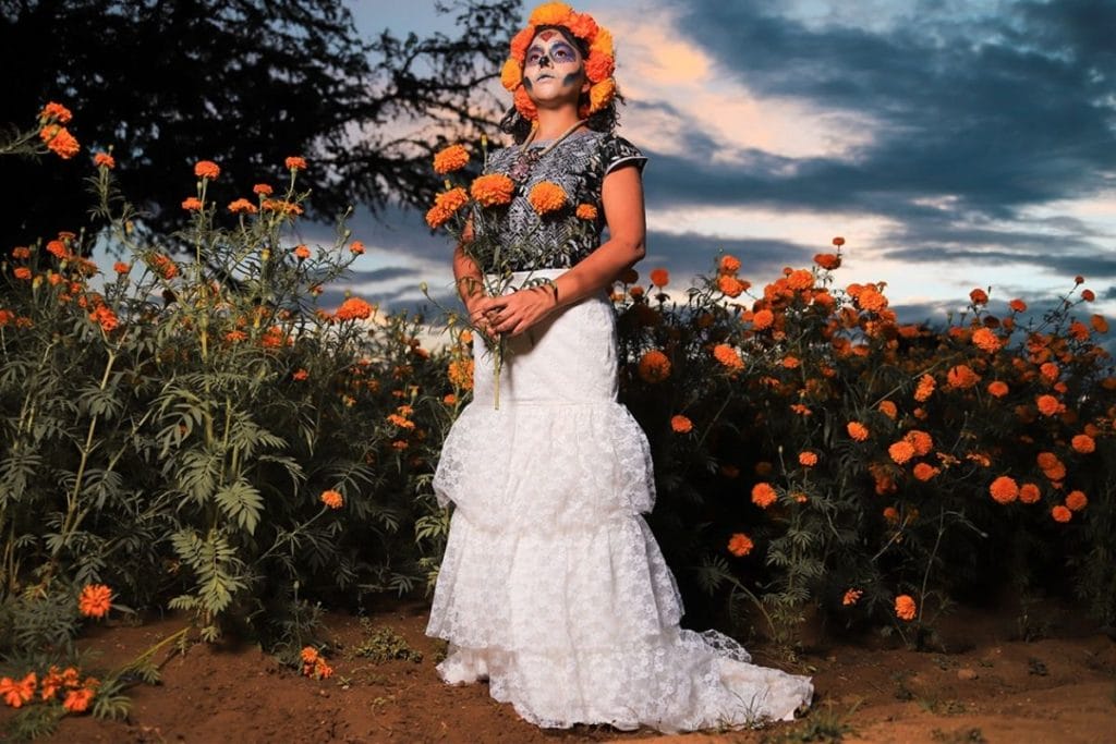 Lady with painted face posing in a marigold flowers field