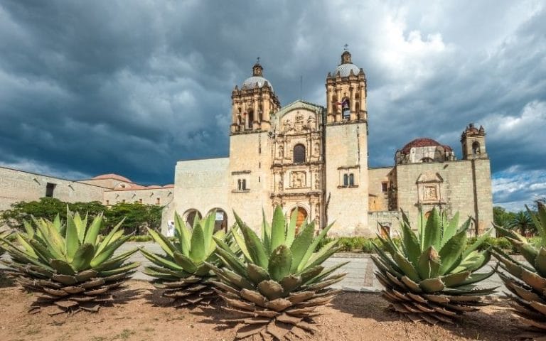 oaxaca Santo Domingo Convent with agave plants in the front