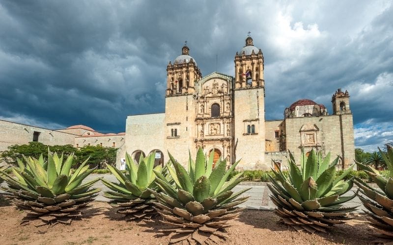 oaxaca Santo Domingo Convent with agave plants in the front