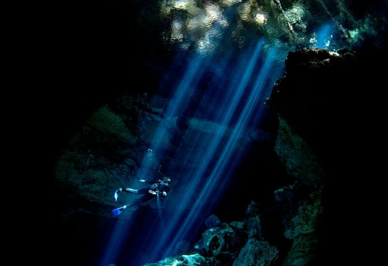 Dark cenote for Cave diving in Mexico 