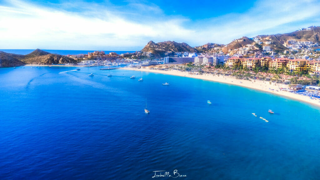 Medano Beach on aerial view with its blue waters