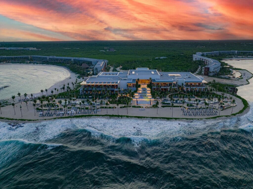 Aerial view of Hilton Tulum Riviera Hotel Maya from the ocean