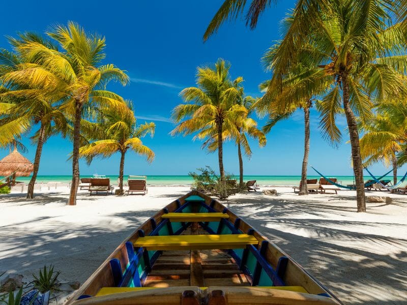Old boat on the sand surrounded with palm trees on Isla Holbox