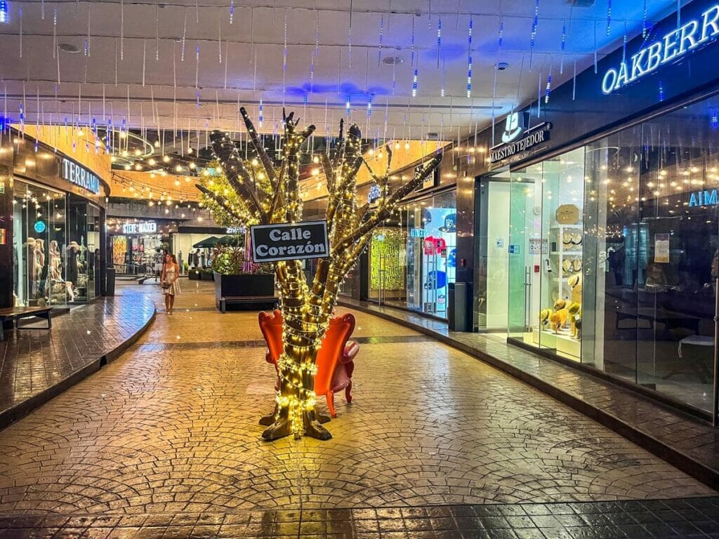View of the Calle Corazon at night.