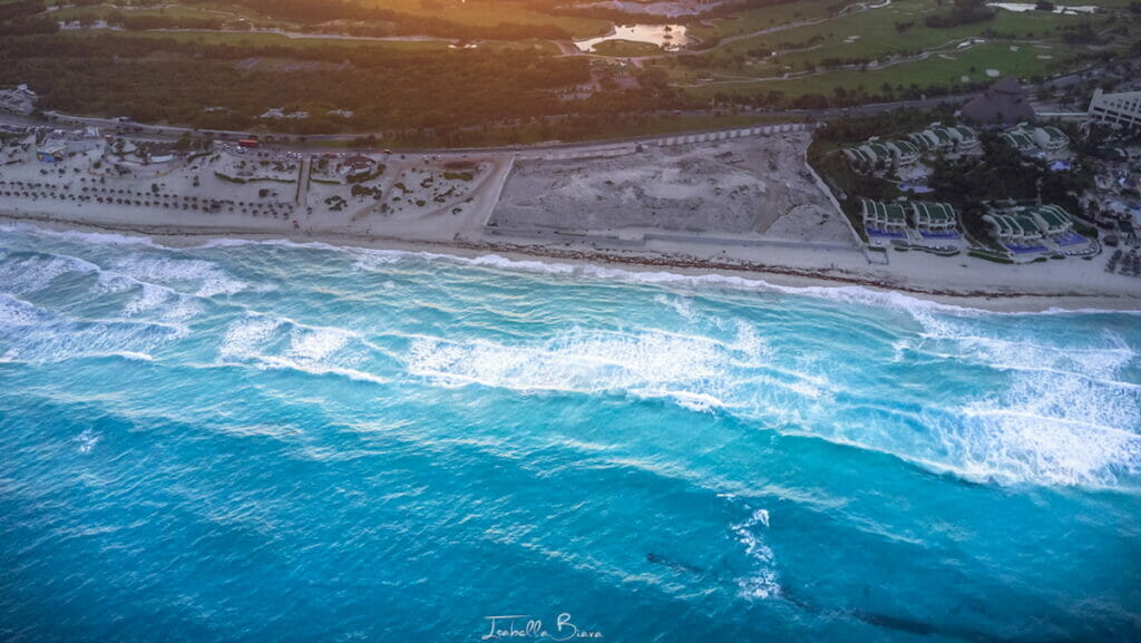 Aerial view of Cancun, Mexico hotel zone.