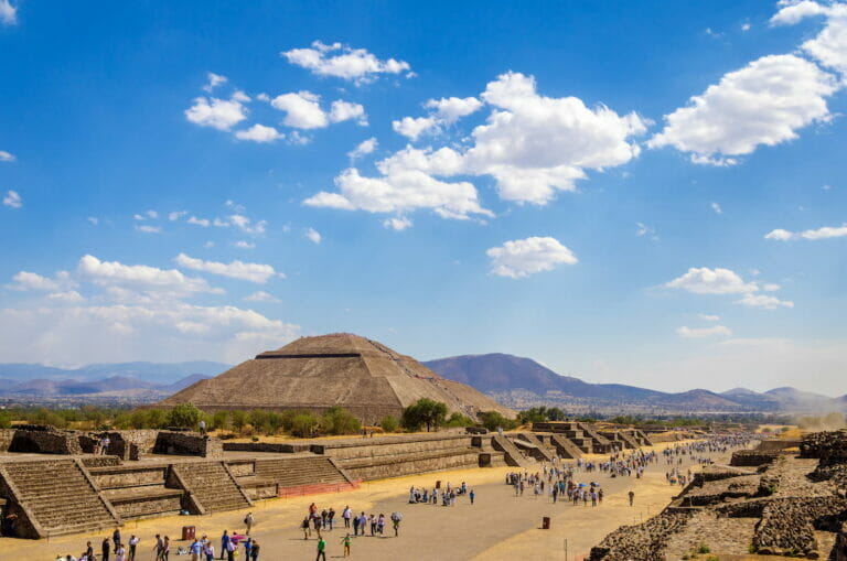 View of the Teotihuacan Pyramid filled with tourists - Mexico City in January.