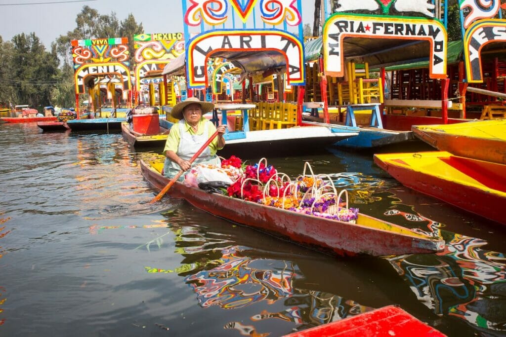 View of the traditional trajineras in Xochimilco.