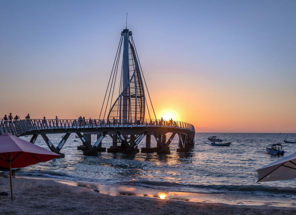 The Los Muertos Pier in Puerto Vallarta during sunset.