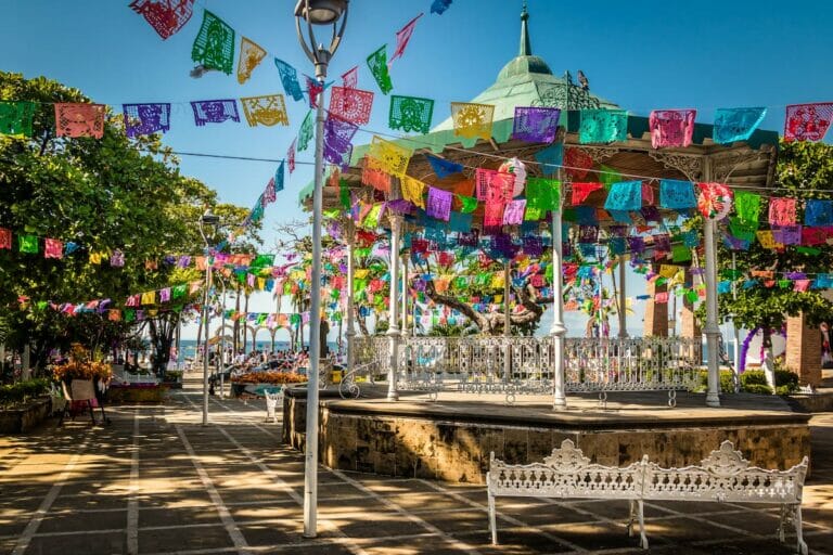 Colorful banderitas in the Main Square of Puerto Vallarta.
