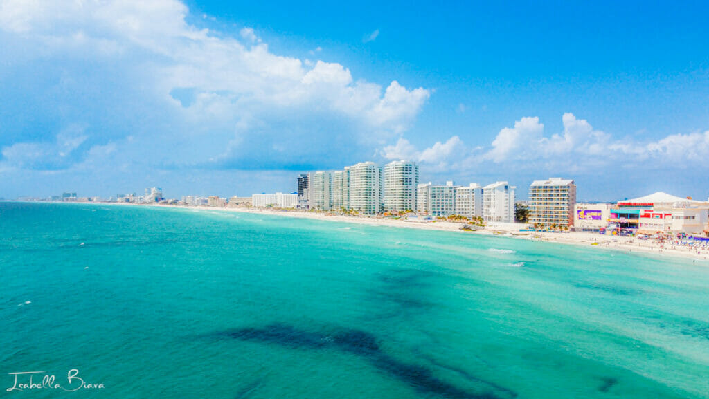 Aerial view of Cancun Beach on a sunny day.