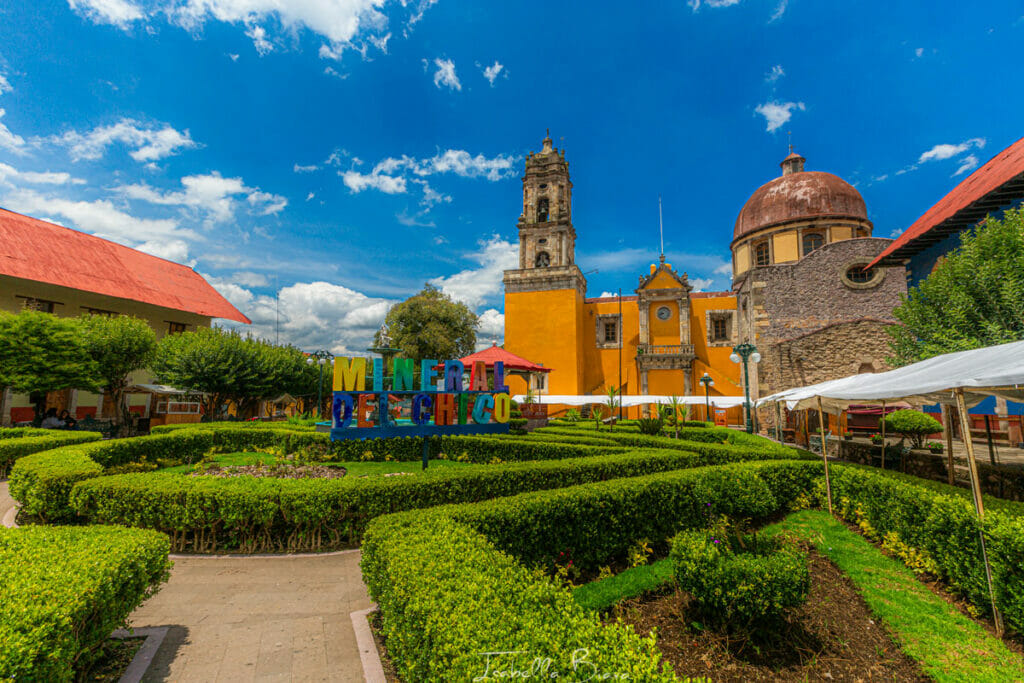 Mineral del Chico Main Square with letters and Church.