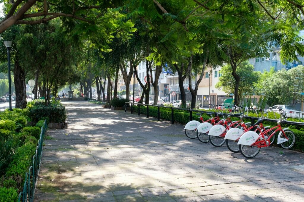 Alvaro Obregon Avenue in Roma Norte with parked bicycles.