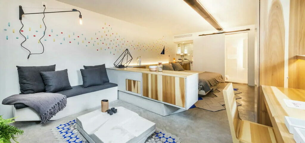A spacious room with wooden furniture.