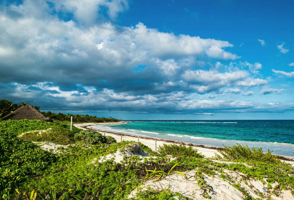 View of Xcacel Beach on a cloudy day.
