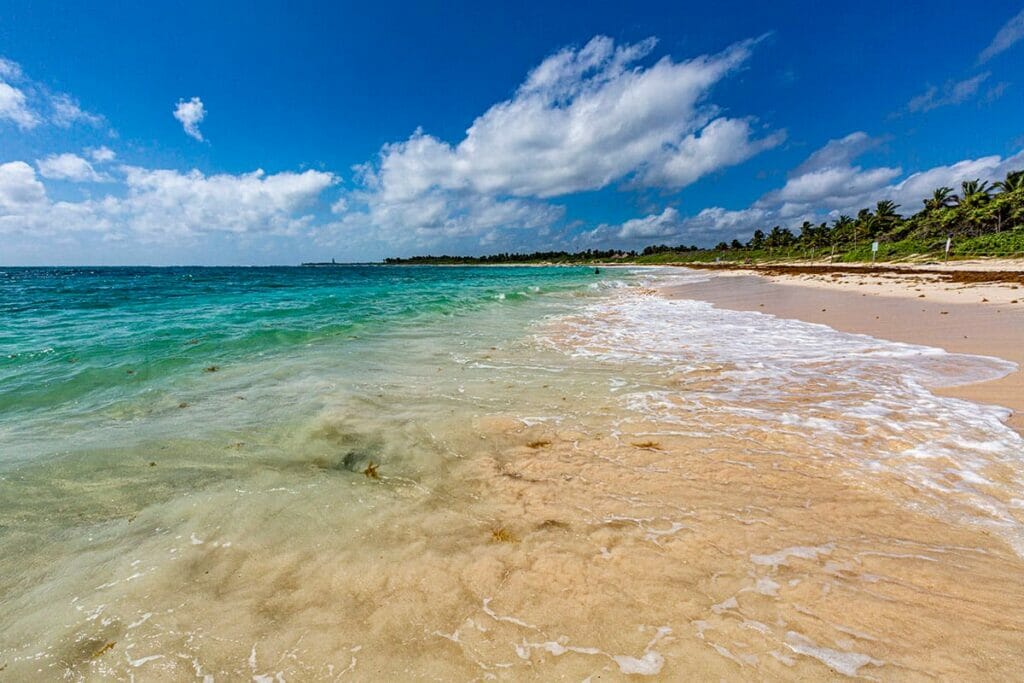 The shore of Playa Xcacel with white sand beach.