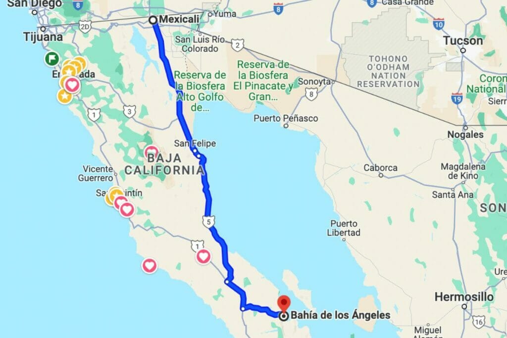 Google Maps screenshot from Mexicali to bahia de los angeles