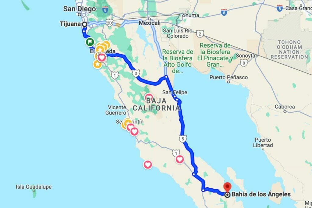 Google Maps from Tijuana to Bahia de Los Angeles