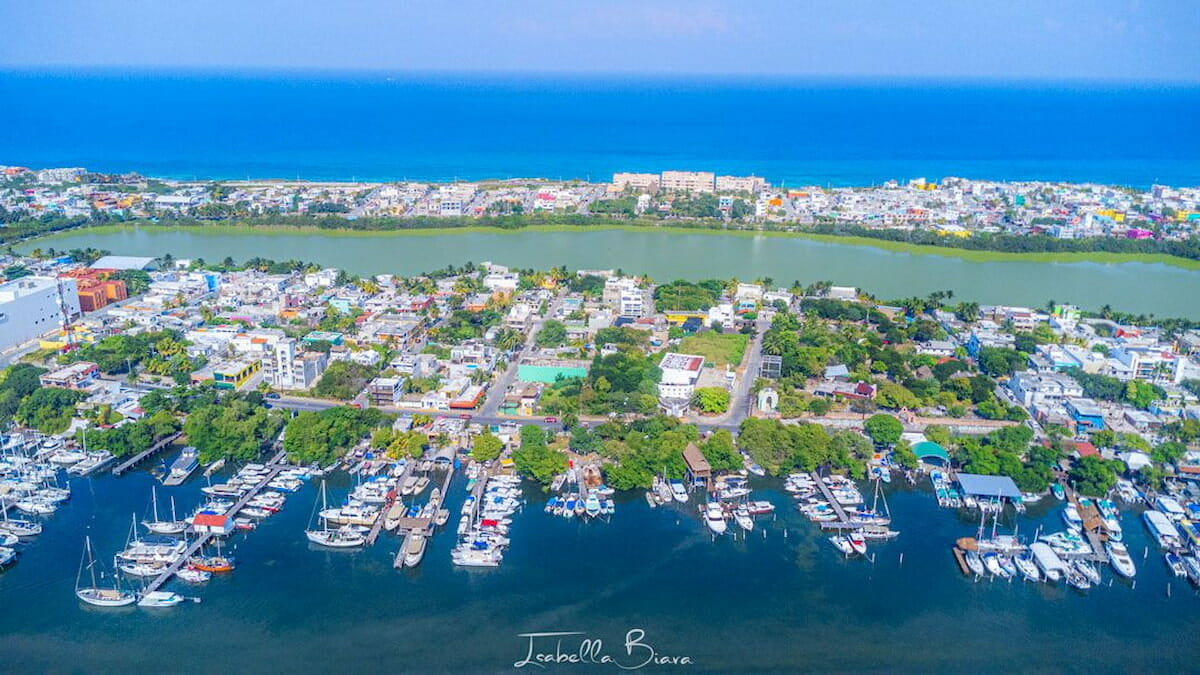 Aerial view of the docks in Isla Mujeres.