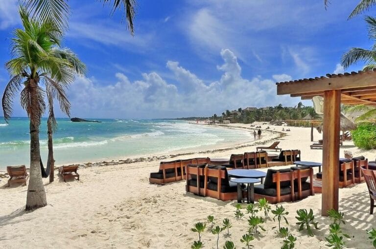 Beachfront view with palm trees, lounge chairs, and a wooden seating area. People walk along the shoreline under a vibrant blue sky.