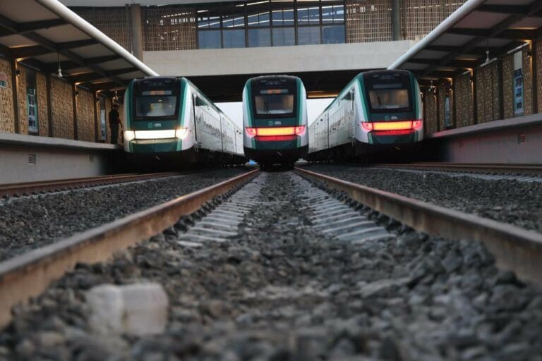 Three green and silver trains are stationed parallel at a modern urban train station with metal and glass architecture, captured from ground level.