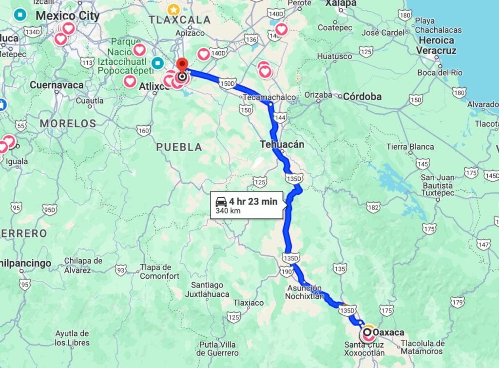 Puebla to Oaxaca Map