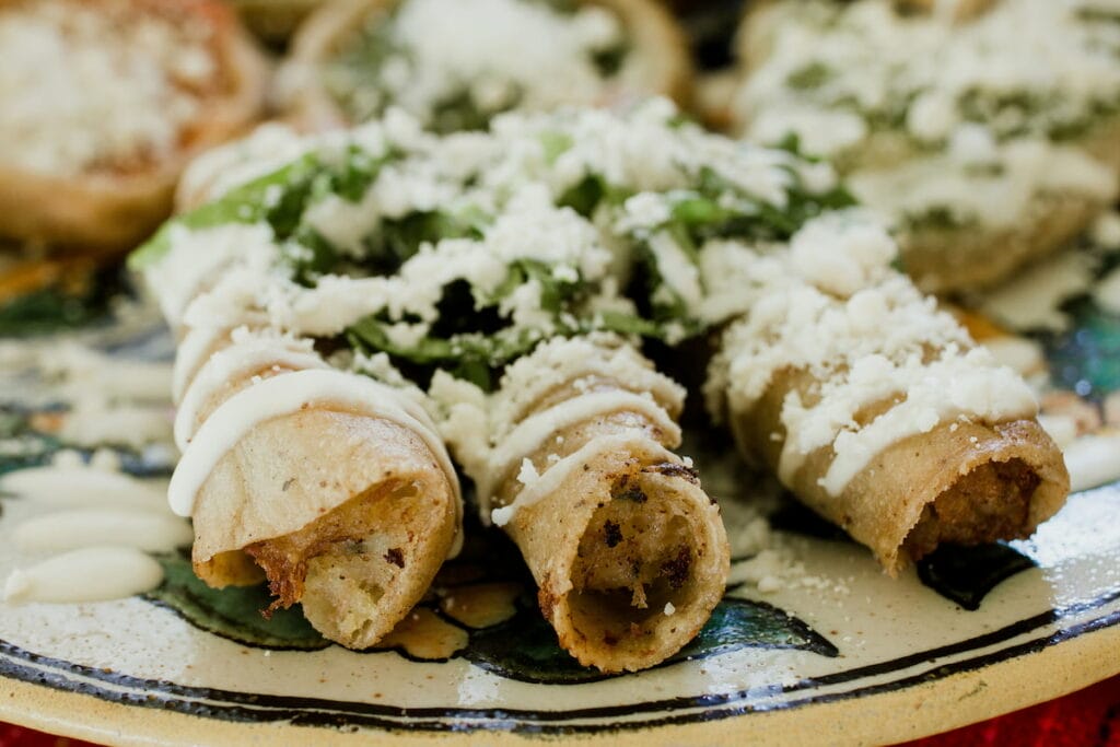Tacos Dorados on a plate - one of the popular Mexican street foods in Mexico City.