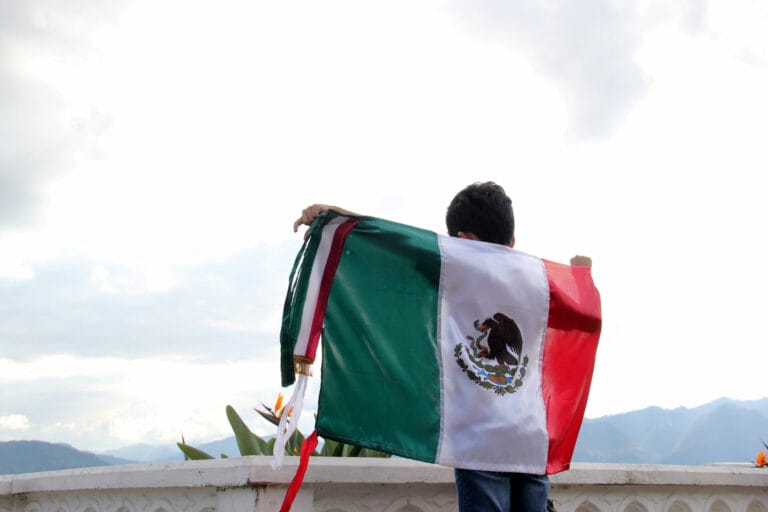 A boy holding the Mexican flag.