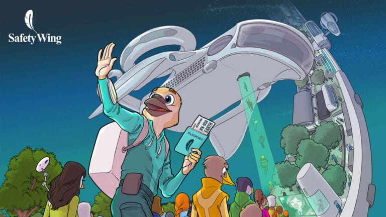 A futuristic cartoon scene featuring bird-headed people with passports, trees, and an enormous drone-like spherical structure in the background.