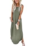 ANRABESS Women Casual Loose Sundress Sleeveless Split Maxi Long Beach Shirt Dress Travel Vacation 2024 Summer Outfits Olive Large