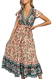 PRETTYGARDEN Women's Casual Long Summer Dresses Boho Floral Wrap V Neck Short Sleeve Split Maxi Beach Dress (Apricot,Large)
