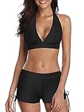 Bikini Swimsuit for Women Two Piece Swimsuits Halter Bikini Set with Boyshort Athletic Bathing Suit Classic Black XL