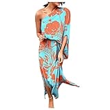 Boho Dress for Women Maxi, One Shoulder Ruffle Dress Porsha Williams Favorites Clothes Tank Dresses Summer 2021 Women's Sexy Slit Hem Floral Short Sleeve Loose Casual Dress Short (S, Cyan)