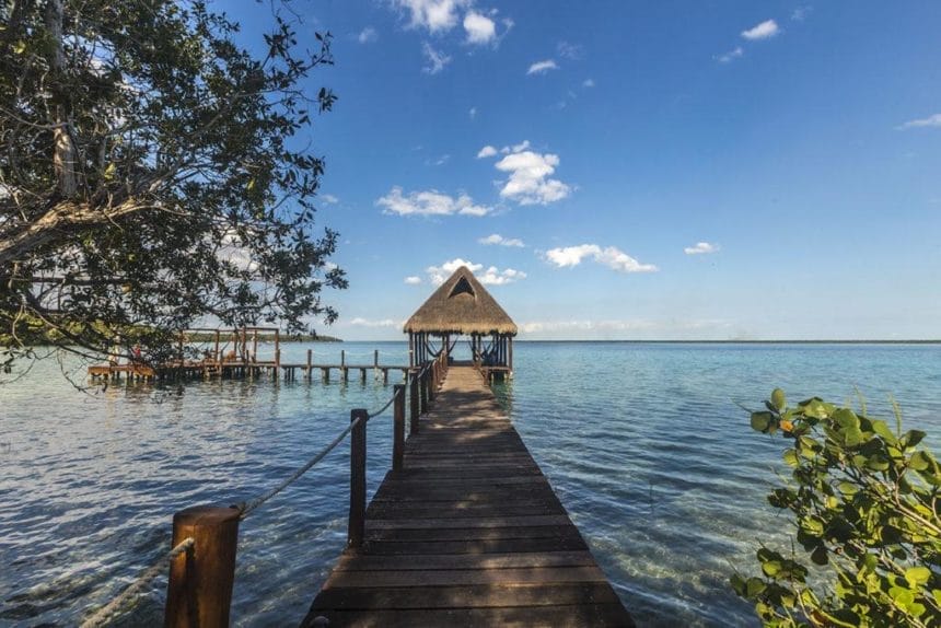 Blue lake with a long wooden platform and tree branches 