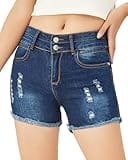 PHOENISING Women's Stylish Ripped Hole Denim Shorts Summer Comfy Short Pants, Dark Blue, Size 2-16