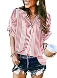 HOTAPEI Cute Blouses for Women Casual V Neck Short Sleeve Womens Color Block Striped Tops and Blouse for Work Fashion Chiffon Button-Down Shirts Red Small
