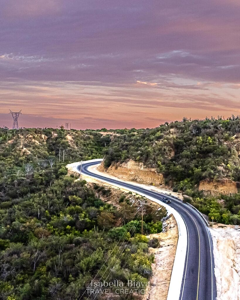 Road to cabo at sunset with pink sky 