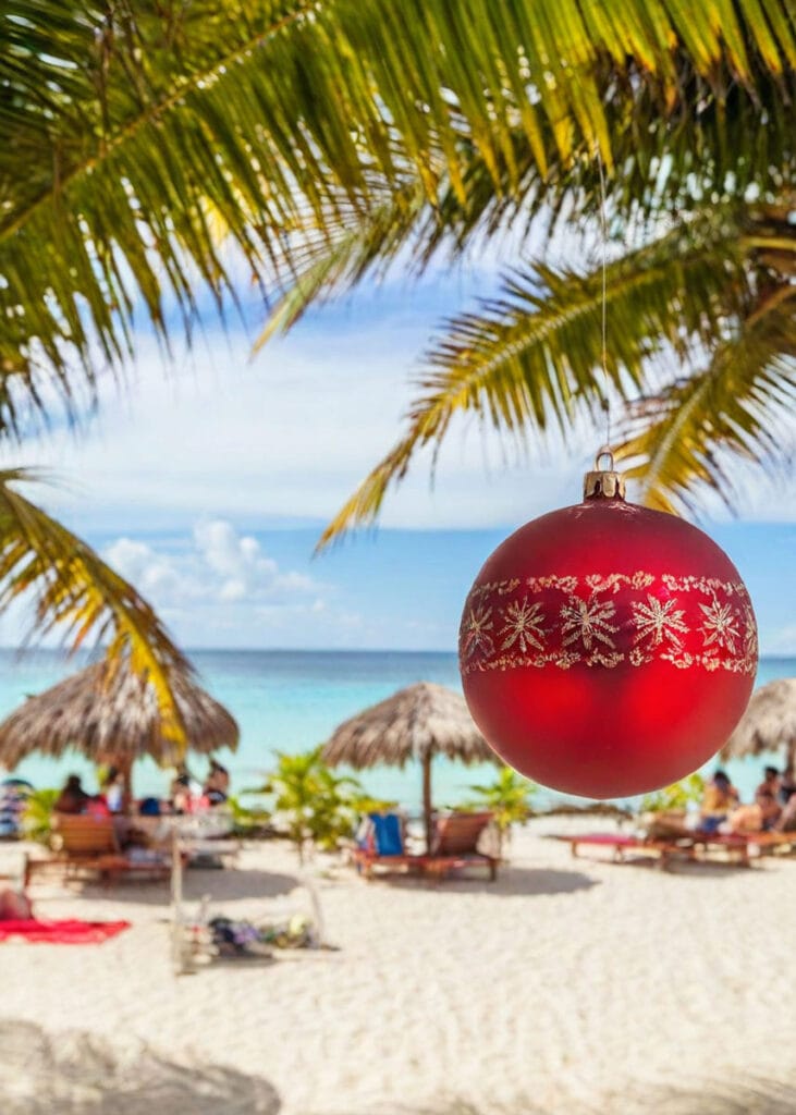 Christmas on the beach in Mexico with Christmas decoration in the foreground