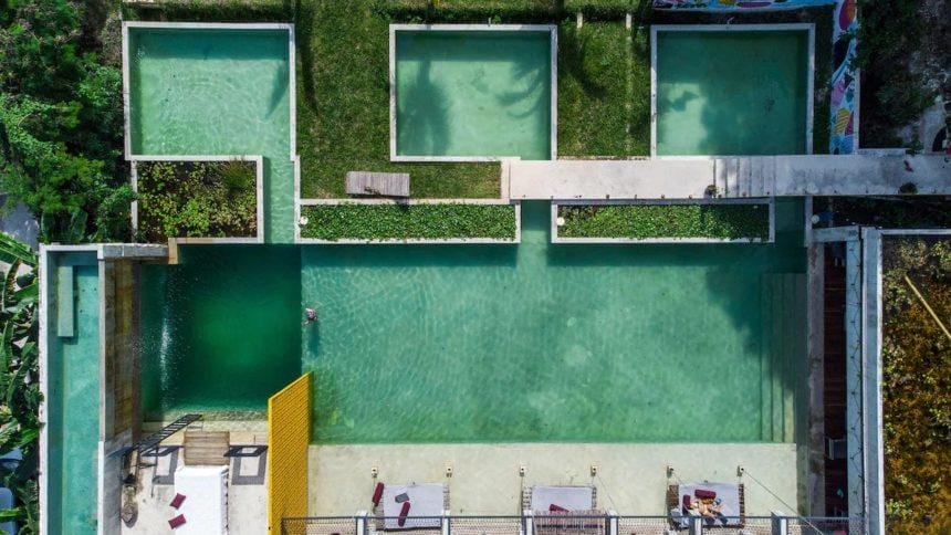 Hotel Makabaa Bacalar pool aerial view