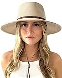 FURTALK Womens Summer Straw Sun Hats Wide Brim Panama Fedora Beach Hat with Wind Lanyard UPF 80+