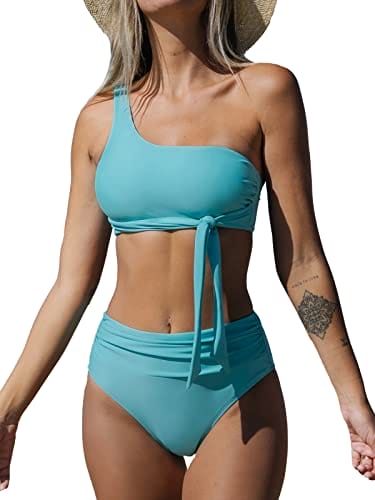 CUPSHE Women One Shoulder Bikini Set Two Piece Swimsuit Tie High Waisted Mid Cut Ruched Removable Soft Cups,M