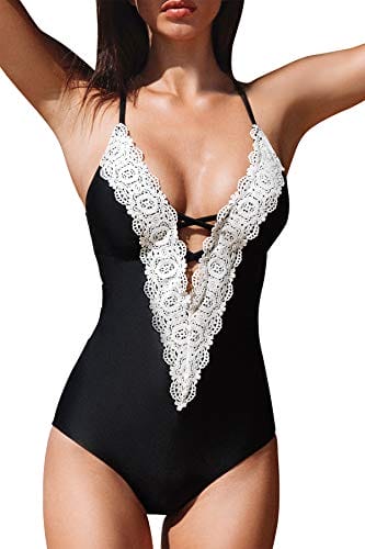 CUPSHE Women's Ladies Vintage Lace Bikini Set Beach Swimwear Bathing Suit One Piece Swimsuit, M Black