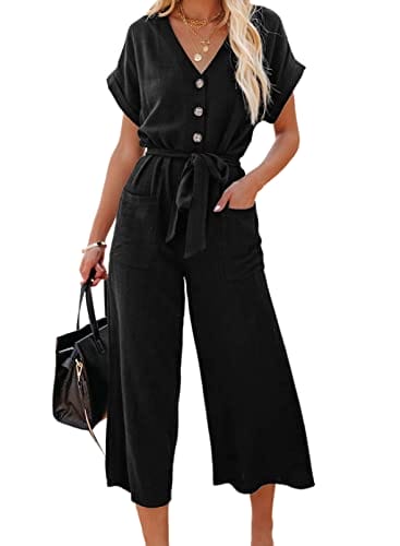 Acelitt Womens Short Sleeve V Neck Button Belted Wide Leg Jumpsuits with Pockets, S-XXL