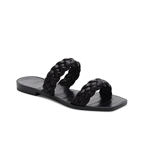 Trish Lucia Women's Square Open Toe Flat Sandals Braided Strap Slip-on Slides Mules Woven Leather Slipper