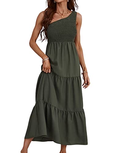 CUPSHE Women's Summer One Shoulder Dress Flowy Swing Tiered Smocked Fitted Sleeveless Midi Green Dress, XS