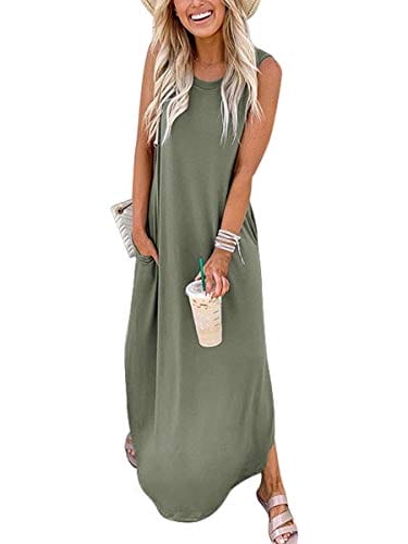 ANRABESS Women Dresses Sleeveless Split Long Maxi Beach Dress for Beach with Pockets A19ganlanlv-S Olive